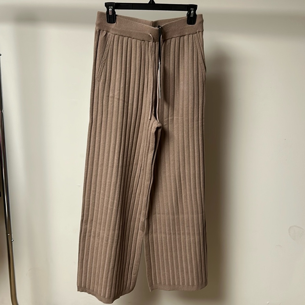 Varley Ribbed Wide-Leg Knit Pants in Taupe